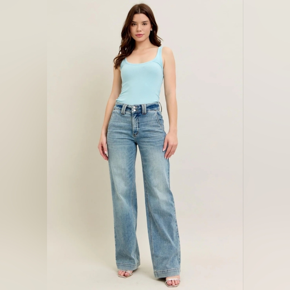 Judy Blue High Rise Light Wash Wide Leg Jeans Double Button Classic NWT 5/27